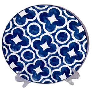 MAINSTAYS Dinner Plate White on Blue Background Geometric Design 11 inches